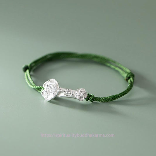 Tibetan Knot Protection Handmade 999 Sterling Silver Fu Character Wish Ruyi Handle Luck Braided Green Rope Bracelet