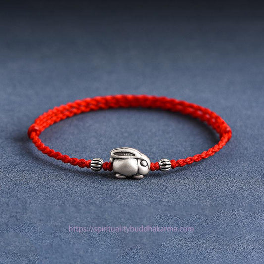 Tibetan Knot Protection Handmade 999 Sterling Silver Rabbit Luck Rope Bracelet Anklet