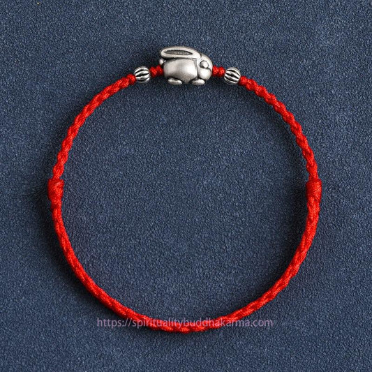 Tibetan Knot Protection Handmade 999 Sterling Silver Rabbit Luck Rope Bracelet Anklet
