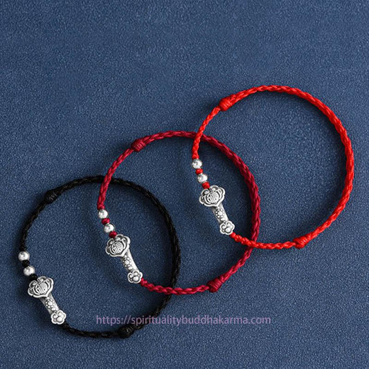 Tibetan Knot Protection Handmade 999 Sterling Silver Fu Character Wish Ruyi Handle Fortune Rope Bracelet Anklet