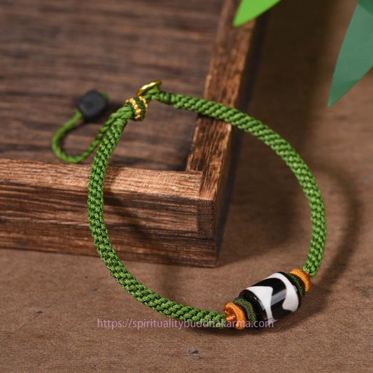 Tibetan Knot Protection Handmade Tibetan Dzi Bead Protection Braided Green Rope Bracelet