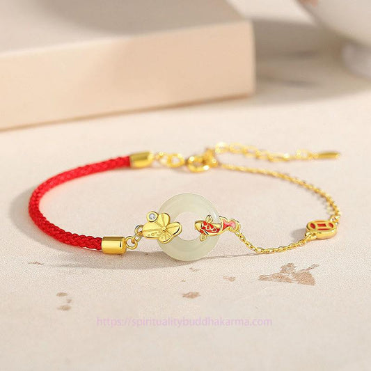 Tibetan Knot Protection Handmade 925 Sterling Silver Hetian Jade Chinese Goldfish Peace Buckle Red Rope Bracelet