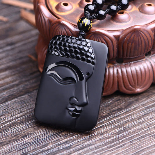 Spirituality Buddha Karma Natural Black Obsidian Buddha Prayer Purification Luck Pendant Necklace