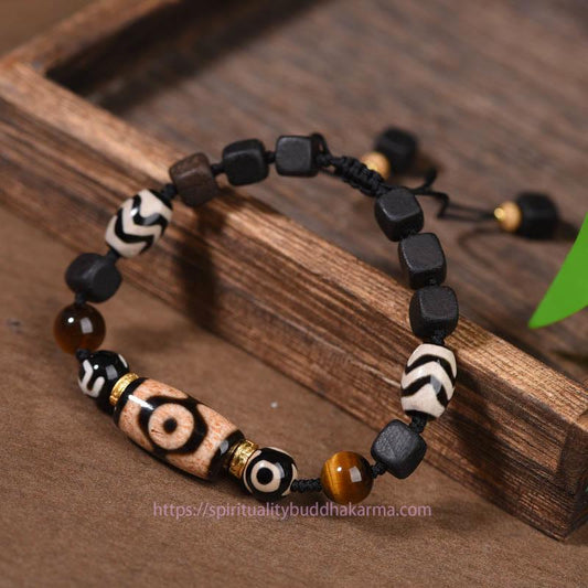 Tibetan Knot Protection Tibetan Ebony Wood Three-eyed Dzi Bead Swastika Luck Bracelet