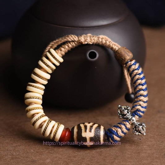 Tibetan Knot Protection Tibetan Yak Bone Dzi Bead Balance Strength Rope Bracelet
