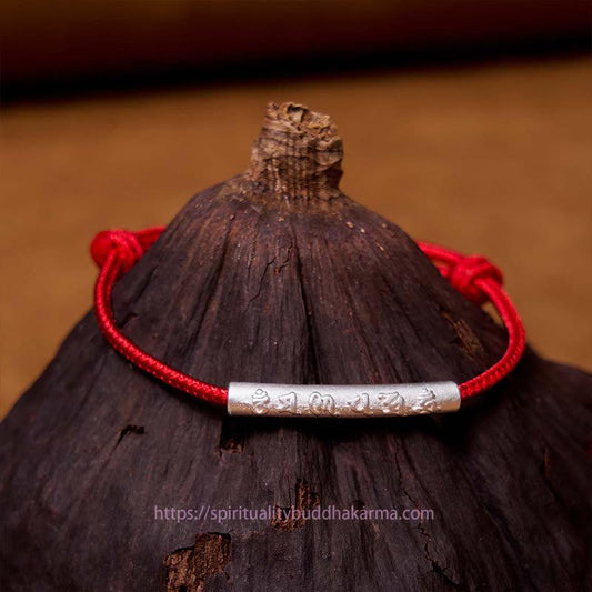 Tibetan Knot Protection Handmade 999 Sterling Silver Om Mani Padme Hum Strength Red Rope Bracelet