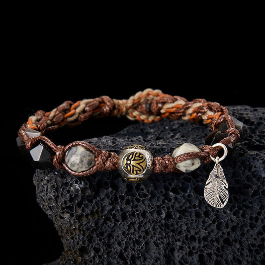 Tibetan Knot Protection Retro 925 Sterling Silver Silver Sheen Obsidian Transport Rope Handmade Braided Bracelet