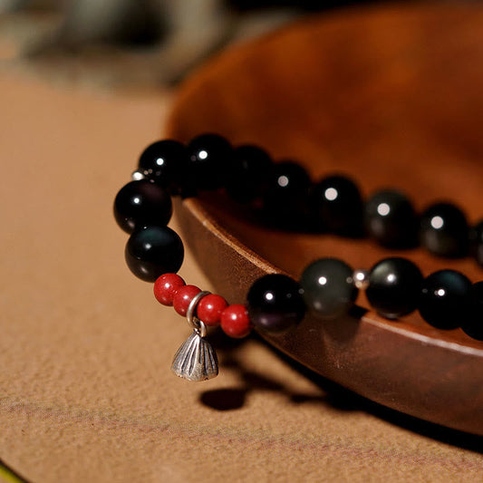Spirituality Buddha Karma Natural Black Obsidian Cinnabar Lotus Charm Strength Fulfillment Bracelet