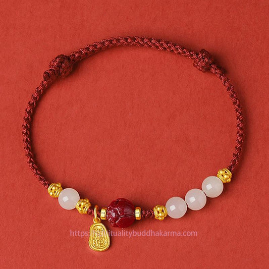 Tibetan Knot Protection Fu Character Jade Cinnabar 24K Gold Plated Luck Red String Bracelet
