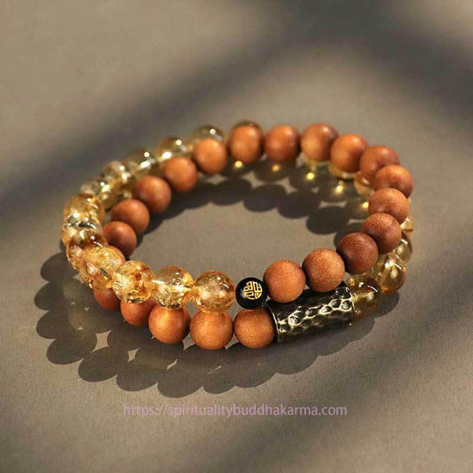 Golden Energy Citrine Wealth Solar Plexus Chakra (Third Chakra) Sandalwood Bodhi Seed Protection Double Wrap Bracelet