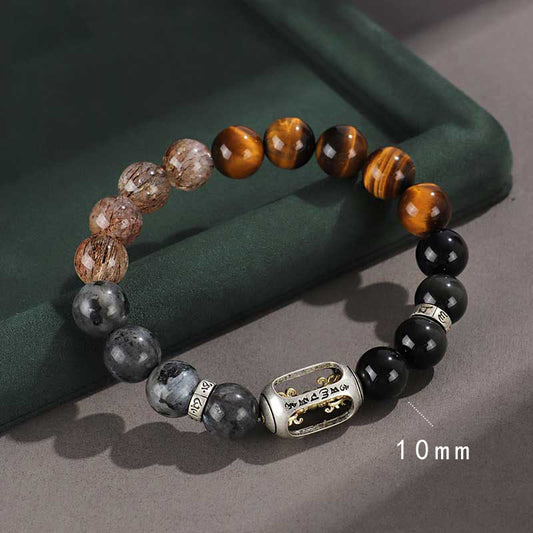 Spirituality Buddha Karma 925 Sterling Silver Black Onyx Gold Sheen Obsidian Lava Rock Tiger Eye Six True Words Wealth Protection Bracelet