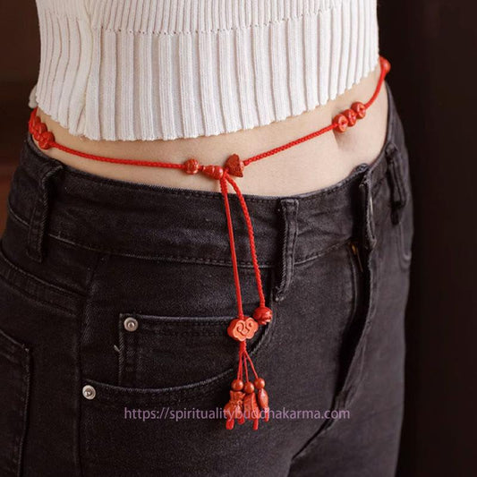 Tibetan Knot Protection Natural Cinnabar Calm Blessing Red String Belly Chain