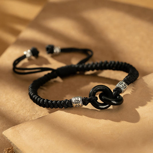 Ancient Tibetan Buddhist Red String Tradition  925 Sterling Silver Natural Hetian Black Jade Double Peace Buckle Swastika Symbol Luck Bracelet