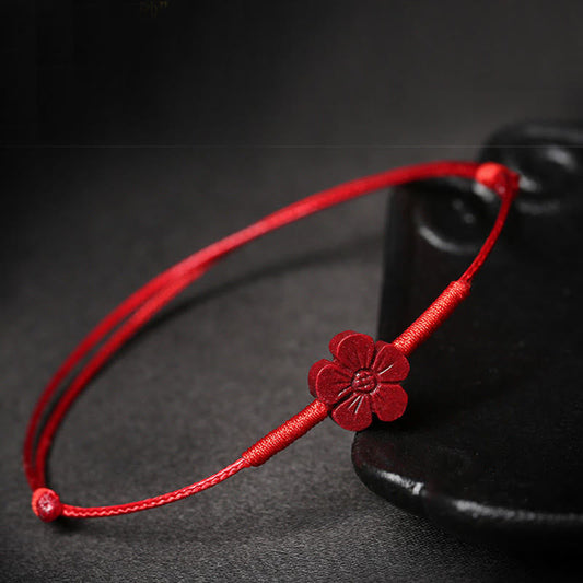 Ancient Tibetan Buddhist Red String Tradition  Handmade Plum Blossom Four Leaf Clover PiXiu Lotus Koi Fish Cinnabar Blessing Braid Bracelet