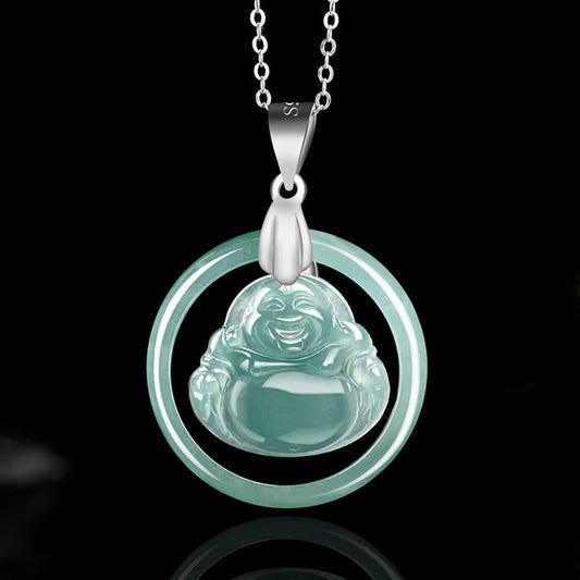 Spirituality 925 Sterling Silver Natural Jade Round Laughing Buddha Abundance Chain Necklace Pendant