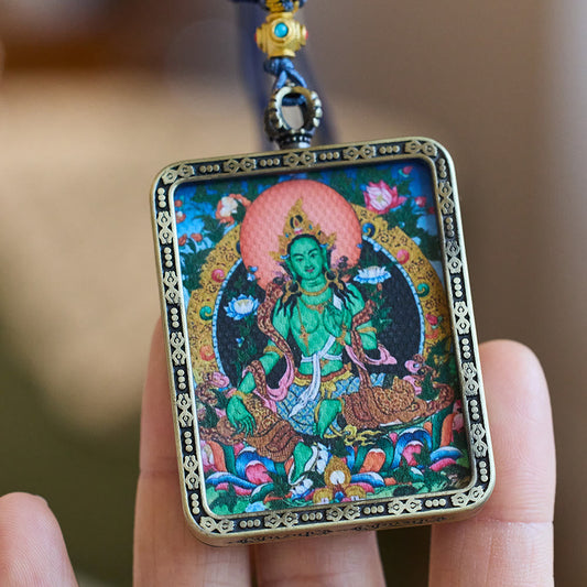 Buddha Energy Necklace Tibetan Green Tara Hand-Painted Thangka Buddha Protection Necklace Pendant