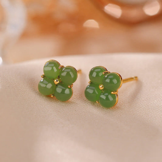 Jade  925 Sterling Silver Plated Gold Natural Cyan Jade Four Leaf Clover Luck Stud Earrings