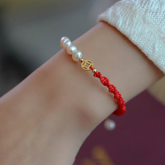 Ancient Tibetan Buddhist Red String Tradition  14K Gold Plated Pearl Bead Luck Protection Braid Red String Bracelet