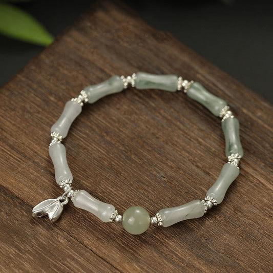 Jade  925 Sterling Silver Natural Tianshan Jade Bamboo Charm Luck Bracelet