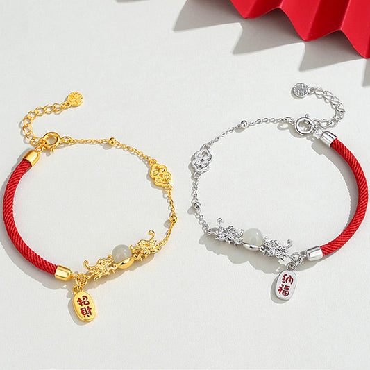 Ancient Tibetan Buddhist Red String Tradition  Year of the Dragon 925 Sterling Silver Hetian Jade Attract Fortune Fu Character Luck Bracelet