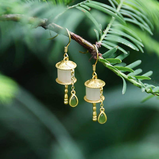 Jade  925 Sterling Silver Jade Prayer Wheel Luck Drop Earrings