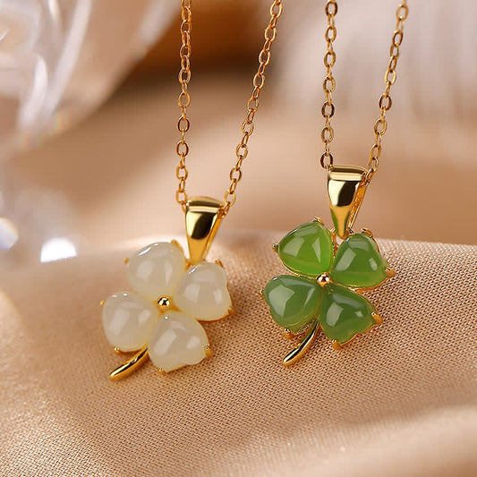 Jade  925 Sterling Silver Hetian White Jade Cyan Jade Luck Four Leaf Clover Happiness Necklace Pendant