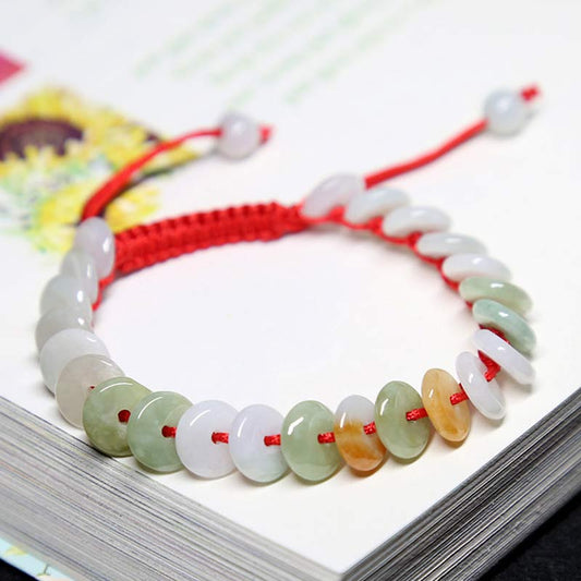 Ancient Tibetan Buddhist Red String Tradition  Round Jade Lucky Red String Weave Bracelet