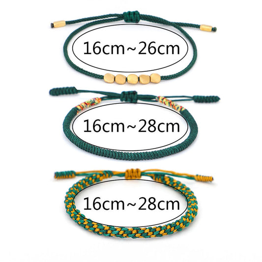 029 Tibetan Vajra Knot Bracelet Set of 3 - Adjustable Handwoven with Golden Brass Beads and Five Elements Wood Vitality