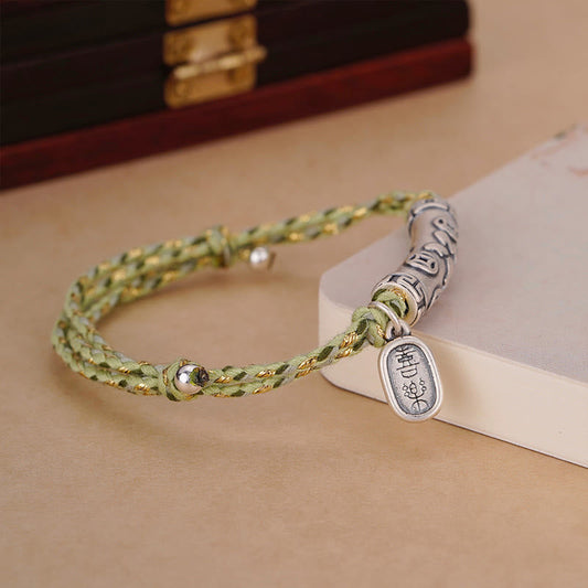 Ancient Tibetan Buddhist Red String Tradition  999 Sterling Silver Fu Character Copper Coin Design Fortune Bracelet