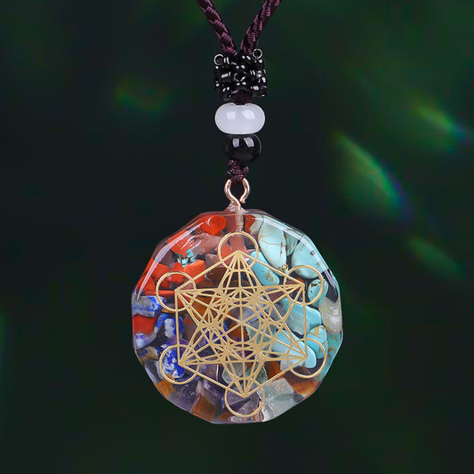 047 Handcrafted Chakra Energy Pendant with Natural Crystal Stones Metatron's Cube Design for Balance and Spiritual Healing