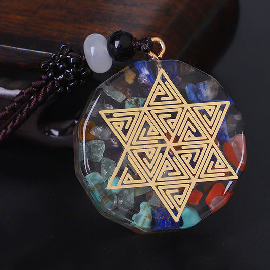 049 Energy Geometric Symbol Pendant - Natural Crystal Chip Resin Necklace for Spiritual Balance & Chakra Healing