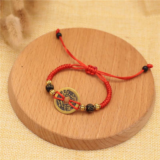Ancient Tibetan Buddhist Red String Tradition  Copper Coin Fortune Red String Weave Bracelet