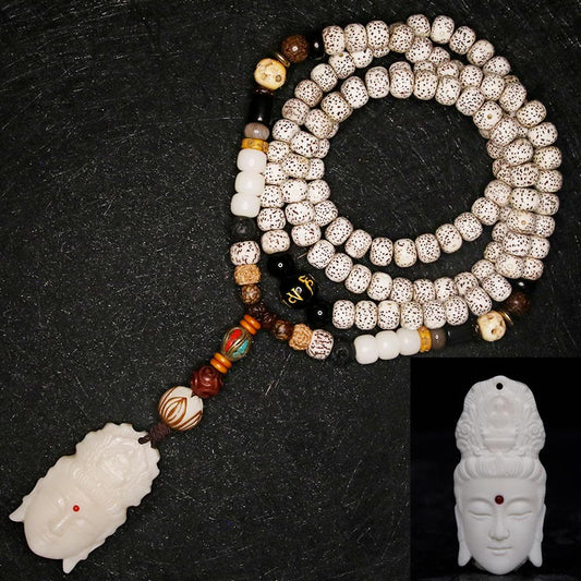 Spirituality 108 Mala Beads Bodhi Seed Yak Bone Avalokitesvara Lucky Pixiu Guan Gong Buddha Demon Peace Tassel Bracelet