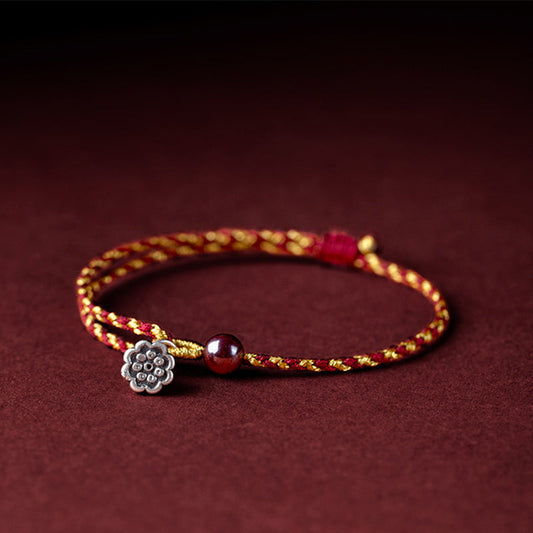 Ancient Tibetan Buddhist Red String Tradition  Handcrafted Red Gold Rope Lotus Peace And Joy Charm Braid Bracelet