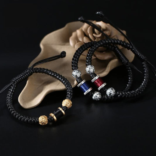 Ancient Tibetan Buddhist Red String Tradition  999 Sterling Silver Copper Coin Bead Copper Balance Braided String Bracelet