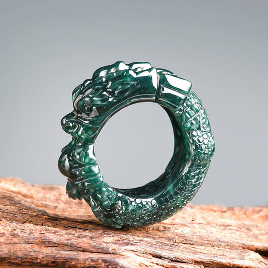 Jade  Natural Cyan Jade Dragon Carved Success Ring