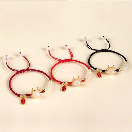 Ancient Tibetan Buddhist Red String Tradition  Year of the Dragon Hetian White Jade Fu Character Peace And Joy Protection Bracelet