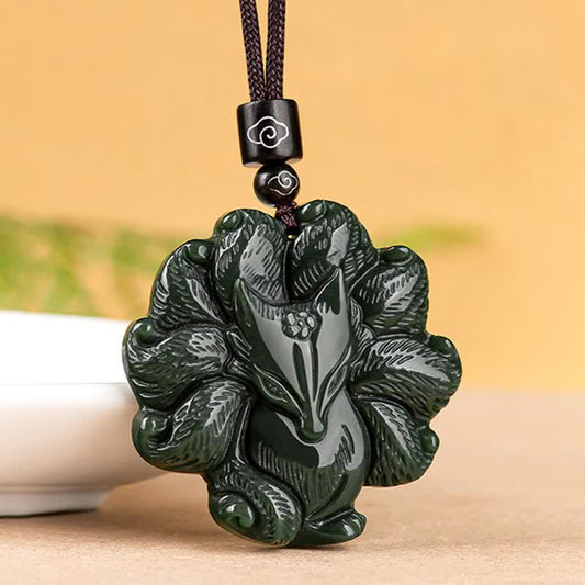 Jade  Hetian Cyan Jade Nine Tailed Fox Luck Necklace String Pendant