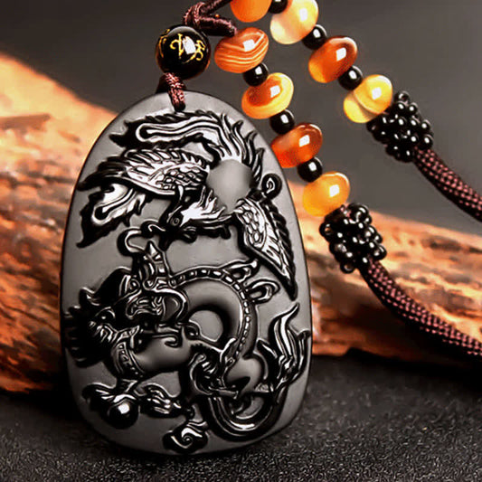Spirituality Buddha Karma Black Obsidian Tiger Eye Dragon Phoenix Protection Beaded Necklace Pendant
