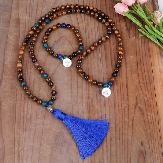 Spirituality 108 Mala Beads Tiger Eye Buddha Strength Bracelet Tassel Necklace Pendant