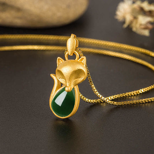 Jade  Green Chalcedony Fox Pattern Courage Necklace Pendant