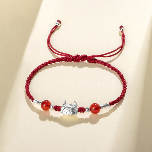 Ancient Tibetan Buddhist Red String Tradition  999 Sterling Silver Year of the Dragon Fu Character Dumpling Red Agate Luck Handcrafted Bracelet