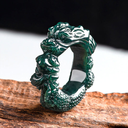 Jade  Natural Cyan Jade Dragon Carved Success Ring