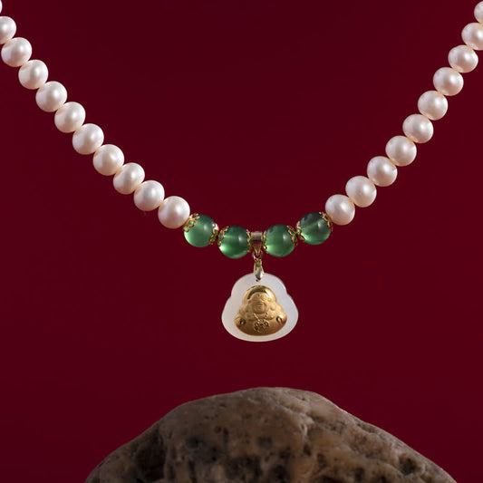 Spirituality 999 Gold Laughing Buddha Hetian White Jade Pearl Blessing Necklace Pendant