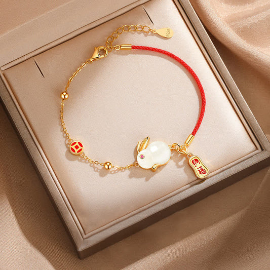 Jade  Year of the Rabbit White Jade Happiness Red String Chain Bracelet