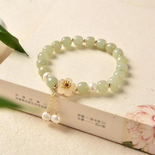 Jade  Hetian Jade Flower Pearl Happiness Abundance Bracelet
