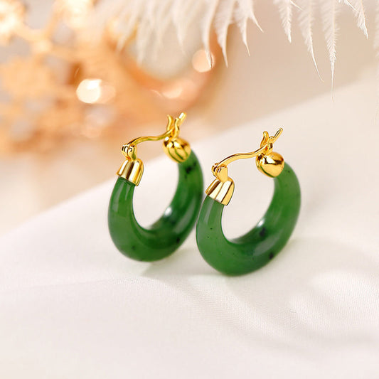 Jade  925 Sterling Silver Plated Gold Natural Round Hetian Cyan Jade Luck Drop Earrings