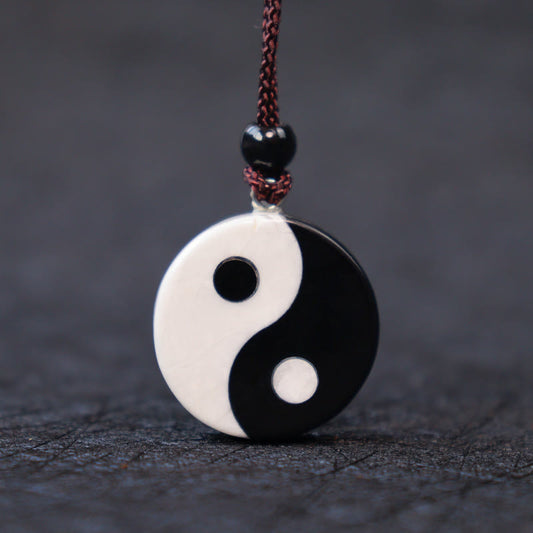 Spirituality Buddha Karma Natural Black Obsidian White Turquoise Yin Yang Fulfilment Strength Necklace Pendant