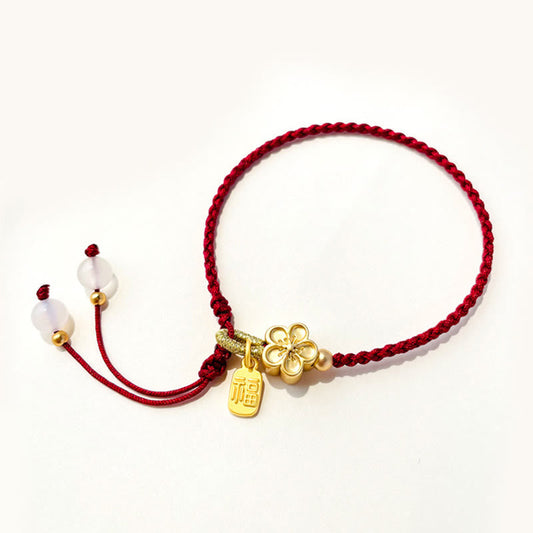 Ancient Tibetan Buddhist Red String Tradition  Handmade Peach Blossom Rosette Bow Knot Fu Character Charm Luck Fortune Red Rope Bracelet