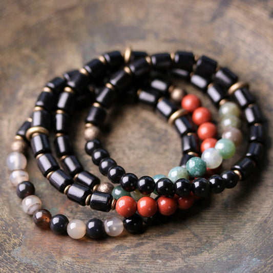 Spirituality Buddha Karma Ebony Wood Red Jasper Moss Agate Crystal Copper Peace Couple Bracelet